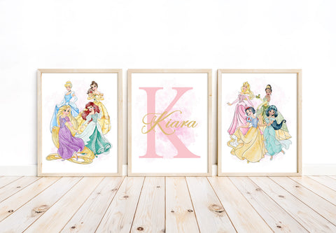Personalized Princess Wall Art Set of 3 Unframed Prints Custom Name Decor for Girls Bedroom or Nursery