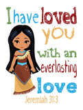 Princess Christian Nursery Decor Set of 4 Prints, Jasmine, Tiana, Mulan and Pocahontas with Bible Verses
