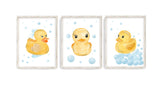 Cute Watercolor Rubber Duckie Baby Duck Blue and Yellow Neutral Decor for Nursery Kid’s Room or Bathroom Art Set of 3 Unframed Prints