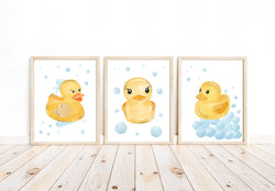 Cute Watercolor Rubber Duckie Baby Duck Blue and Yellow Neutral Decor for Nursery Kid’s Room or Bathroom Art Set of 3 Unframed Prints