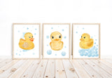 Cute Watercolor Rubber Duckie Baby Duck Blue and Yellow Neutral Decor for Nursery Kid’s Room or Bathroom Art Set of 3 Unframed Prints