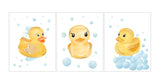 Cute Watercolor Rubber Duckie Baby Duck Blue and Yellow Neutral Decor for Nursery Kid’s Room or Bathroom Art Set of 3 Unframed Prints