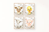 Rustic Farm Nursery Decor Set of 4 Unframed Farmhouse Prints Highland Cow Pig Duck Lamb Cotton Wreath Shiplap