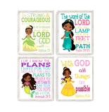 African American Princess Christian Nursery Decor Set of 4 Unframed Prints Ariel, Jasmine, Tiana and Belle