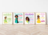 African American Princess Christian Nursery Decor Set of 4 Unframed Prints Ariel, Jasmine, Tiana and Belle