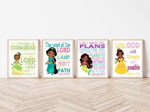 African American Princess Christian Nursery Decor Set of 4 Unframed Prints Ariel, Jasmine, Tiana and Belle