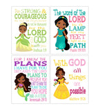 African American Princess Christian Nursery Decor Set of 4 Unframed Prints Ariel, Jasmine, Tiana and Belle