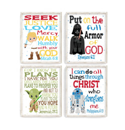 Space Wars Christian Nursery Decor Set of 4 Unframed Prints with Luke Skywalker, Yoda, Darth Vader and R2D2