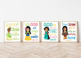Princess Christian Nursery Decor Set of 4 Prints, Jasmine, Tiana, Mulan and Pocahontas with Bible Verses