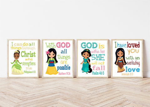 Princess Christian Nursery Decor Set of 4 Prints, Jasmine, Tiana, Mulan and Pocahontas with Bible Verses