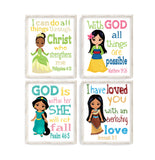 Princess Christian Nursery Decor Set of 4 Prints, Jasmine, Tiana, Mulan and Pocahontas with Bible Verses