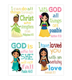 Princess Christian Nursery Decor Set of 4 Prints, Jasmine, Tiana, Mulan and Pocahontas with Bible Verses