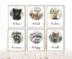 Woodland Forest Animals Wilderness Watercolor Nursery Decor Set of 6 Unframed Prints - Bear, Deer, Fox, Raccoon, Hedgehog and Wolf