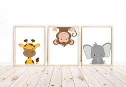 Elephant Giraffe Monkey Jungle Safari Animals Nursery Art Set of 3 Unframed Prints