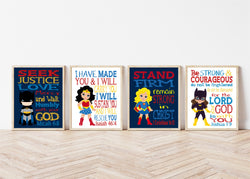 Superhero Christian Nursery Decor Art Set of 4 Prints - Batman, Catgirl, Supergirl and Wonder Woman