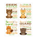 Woodland Christian Nursery Set of 4 Unframed Prints, Bear, Deer, Beaver, Groundhog with Bible Verses