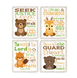 Woodland Christian Nursery Set of 4 Unframed Prints, Bear, Deer, Beaver, Groundhog with Bible Verses