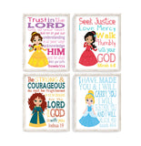 Princess Christian Nursery Decor Set of 4 Unframed Prints Cinderella, Merida, Elena and Belle with Bible Verses