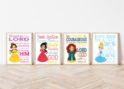 Princess Christian Nursery Decor Set of 4 Unframed Prints Cinderella, Merida, Elena and Belle with Bible Verses