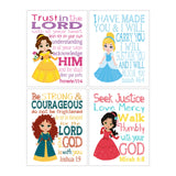 Princess Christian Nursery Decor Set of 4 Unframed Prints Cinderella, Merida, Elena and Belle with Bible Verses