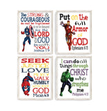 Superhero Christian Nursery Set of 4 Unframed Prints Captain America Hulk Ironman and Spiderman with Bible Verses