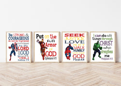 Superhero Christian Nursery Set of 4 Unframed Prints Captain America Hulk Ironman and Spiderman with Bible Verses