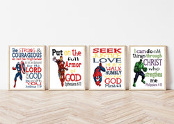 Christian Superhero Nursery Decor Art Print Set of 4 - Captain America, Hulk, Ironman and Spiderman