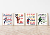Superhero Christian Nursery Set of 4 Unframed Prints Captain America Hulk Ironman and Spiderman with Bible Verses