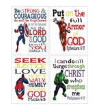Superhero Christian Nursery Set of 4 Unframed Prints Captain America Hulk Ironman and Spiderman with Bible Verses
