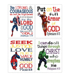 Christian Superhero Nursery Decor Art Print Set of 4 - Captain America, Hulk, Ironman and Spiderman
