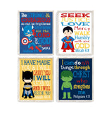 Batman, Captain America, Superman, Hulk Superhero Christian Nursery Decor Set of 4 Unframed Prints with Bible Verses
