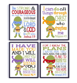 Christian Turtles Nursery Decor Set of 4 Unframed Prints - Raphael, Michelangelo, Donatello and Leonardo with Bible Verses