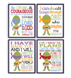 Christian Turtles Nursery Decor Set of 4 Unframed Prints - Raphael, Michelangelo, Donatello and Leonardo with Bible Verses