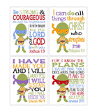 Christian Turtles Nursery Decor Set of 4 Unframed Prints - Raphael, Michelangelo, Donatello and Leonardo with Bible Verses