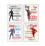 Christian Superhero Little Boys Room Nursery Decor Set of 4 Unframed Prints Captain America, Flash, Ironman with Bible Verses