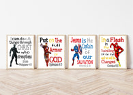 Christian Superhero Little Boys Room Nursery Decor Set of 4 Unframed Prints Captain America Flash Ironman with Bible Verses