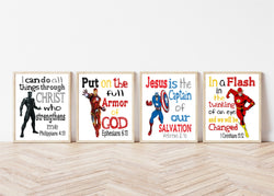 Christian Superhero Little Boys Room Nursery Decor Set of 4 Unframed Prints Captain America, Flash, Ironman with Bible Verses