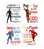 Christian Superhero Little Boys Room Nursery Decor Set of 4 Unframed Prints Captain America, Flash, Ironman with Bible Verses