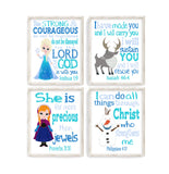 Frozen Christian Nursery Decor Set of 4 Unframed Prints Princess Elsa Anna Sven and Olaf with Bible Verses