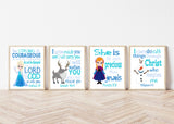 Frozen Christian Nursery Decor Set of 4 Unframed Prints Princess Elsa Anna Sven and Olaf with Bible Verses
