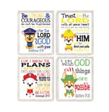 Paw Patrol Christian Nursery Decor Set of 4 Unframed Prints, Chase, Marshall, Rocky and Zuma with Bible Verses