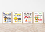 Paw Patrol Christian Nursery Decor Set of 4 Unframed Prints, Chase, Marshall, Rocky and Zuma with Bible Verses