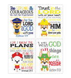 Paw Patrol Christian Nursery Decor Set of 4 Unframed Prints, Chase, Marshall, Rocky and Zuma with Bible Verses