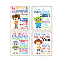 Toy Story Christian Nursery Set of 4 Unframed Prints - Woody, Buzz Lightyear, Jessie and Alien with Bible Verses