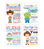 Toy Story Christian Nursery Set of 4 Unframed Prints - Woody, Buzz Lightyear, Jessie and Alien with Bible Verses