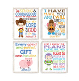 Toy Story Christian Nursery Decor Set of 4 Unframed Prints Woody, Buzz Lightyear, Mr. Potato Head and Hamm with Bible Verses