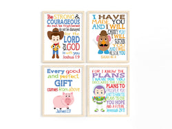 Toy Story Christian Nursery Decor Set of 4 Unframed Prints Woody, Buzz Lightyear, Mr. Potato Head and Hamm with Bible Verses