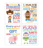 Toy Story Christian Nursery Decor Set of 4 Unframed Prints Woody, Buzz Lightyear, Mr. Potato Head and Hamm with Bible Verses