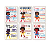 African American Girl Superhero Christian Nursery Set of 6 Prints, Wonder Woman, Captain America, Spidergirl, Irongirl Batgirl and Supergirl with Bible Verses