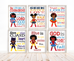 African American Girl Superhero Christian Nursery Set of 6 Prints, Wonder Woman, Captain America, Spidergirl, Irongirl Batgirl and Supergirl with Bible Verses